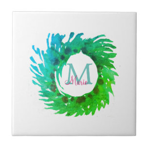 Azulejo Añadir una corona verde rosa monogramo