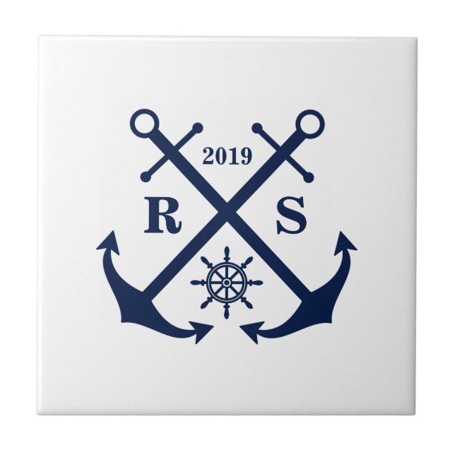Azulejo Ancla azul y blanco Nautical personalizable (Frente)