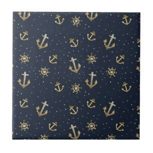 Azulejo Ancla de oro nautico y patrón de casco en azul
