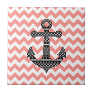 Azulejo Anclaje de patrón tribal rosado de chevron negro