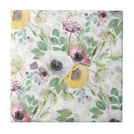 Azulejo Anémonas rosas, blancas y amarillas.