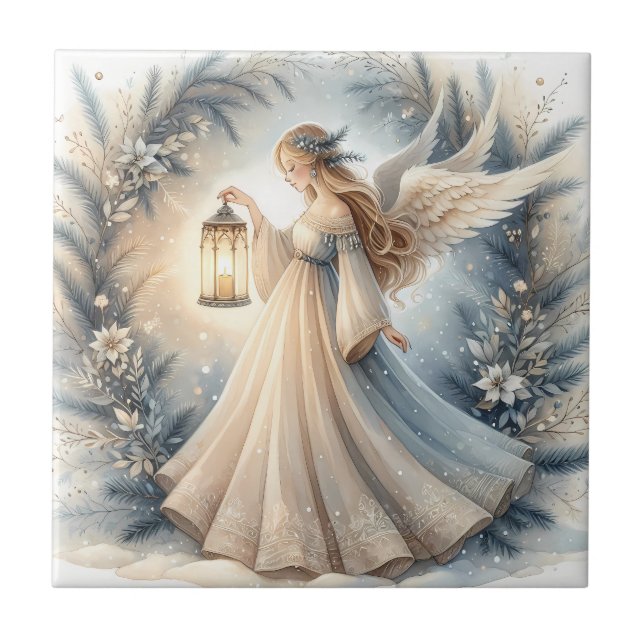 Azulejo Ángel Celestial de Invierno Farol de Paz (Frente)