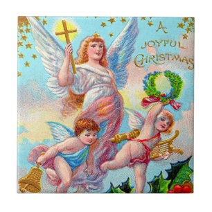 Azulejo Angel Cherub Christian Cross Bell Wreath Holly