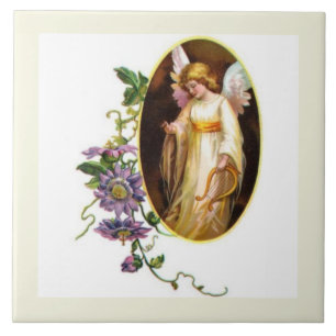 Azulejo Ángel con arpa y flores de clemátide