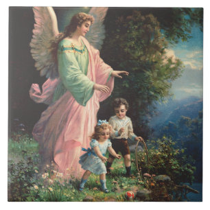 Azulejo Ángel de la guarda protegiendo a los niños cerca d