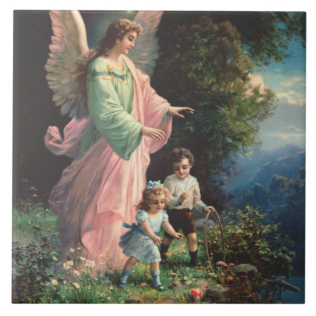 Azulejo Ángel de la guarda protegiendo a los niños cerca d (Frente)