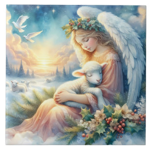 Azulejo Ángel de Navidad con Cordero en Paz Invernal