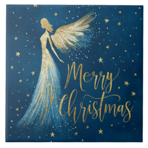 Azulejo Ángel de Navidad dorado sobre azul marino estrella