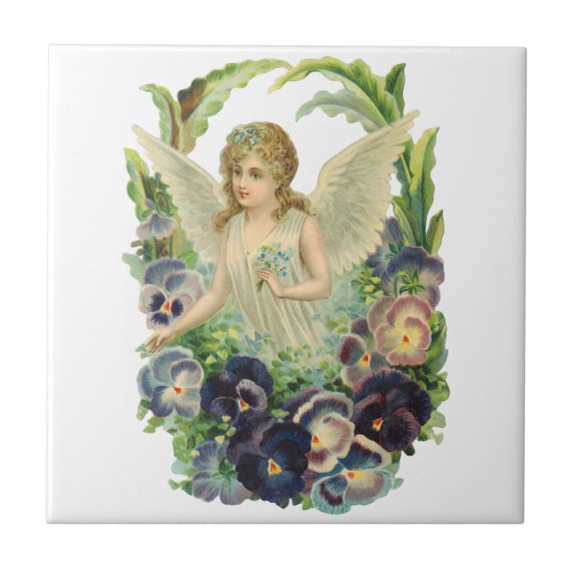 Azulejo Ángel de Pascua victoriano con flores de púrpura