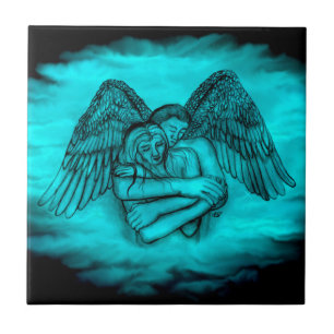Azulejo Ángel Eros en el amor, diseño negro y verde