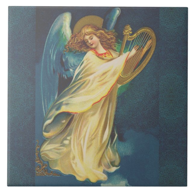 Azulejo Ángel Jugando Música En Una Cubierta Cerámica De A (Frente)