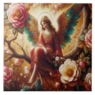 Azulejo Ángel sentado solo en una rama de árbol