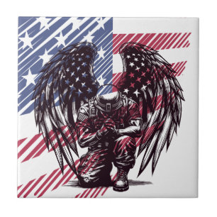 Azulejo Ángel Soldado Americano Orando Arte de Bandera de