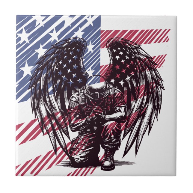 Azulejo Ángel Soldado Americano Orando Arte de Bandera de  (Frente)