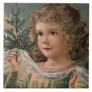 Azulejo Ángel sosteniendo un pequeño árbol de Navidad ilum