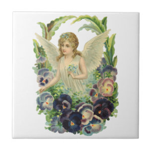 Azulejo Ángel Victoriano de Pascua con flores de pensamien