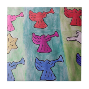 Azulejo Ángeles navidades con trompetas, mosaico cerámico