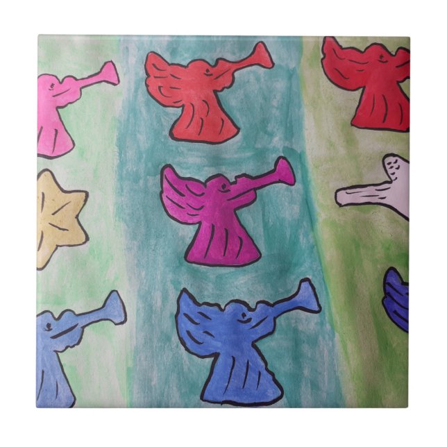 Azulejo Ángeles navidades con trompetas, mosaico cerámico (Frente)