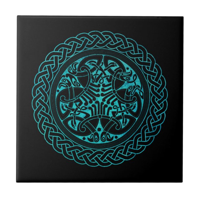 Azulejo Anillo de nudos azul celta con pájaros (Frente)