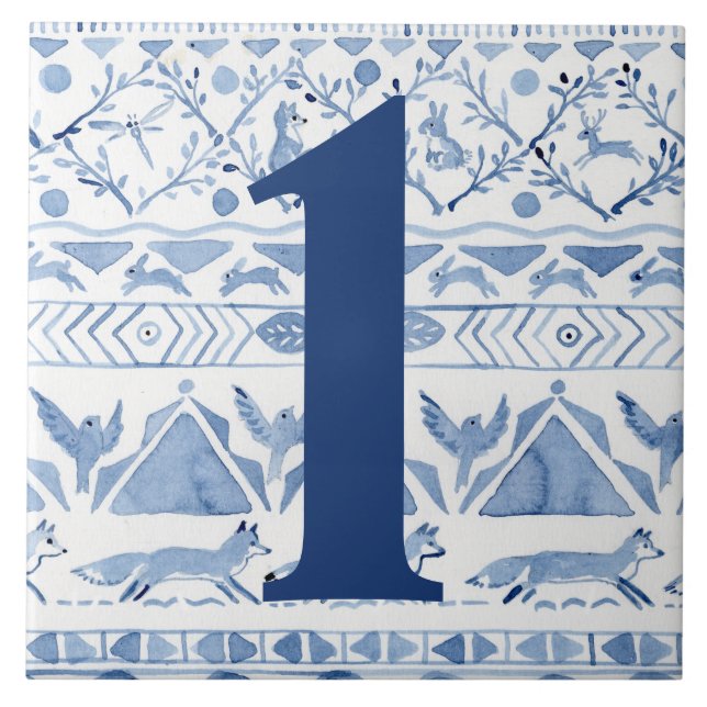 Azulejo Animal Blue Woodland Ikat House Dirección número 1 (Frente)