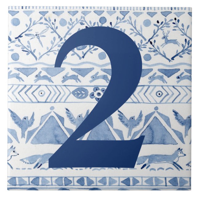 Azulejo Animal Blue Woodland Ikat House Dirección número 2 (Frente)