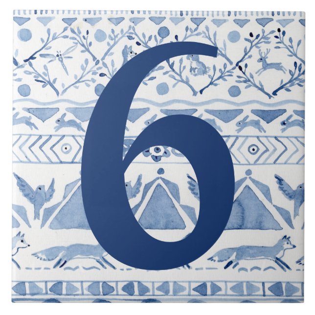 Azulejo Animal Blue Woodland Ikat House Dirección número 6 (Frente)