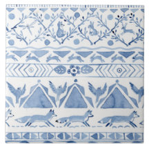 Animal Blue Woodland Ikat Pattern Fox Rabbit Bird