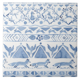 Azulejo Animal Blue Woodland Ikat Pattern Fox Rabbit Bird