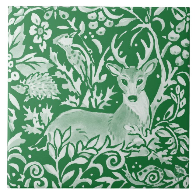 Azulejo Animal de Emerald Green Woodland Deer Hedgehog Flo (Frente)
