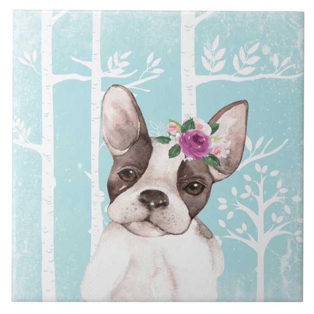 Azulejo Animal feliz con flores en Blue Forest-Dog-Pug (Frente)