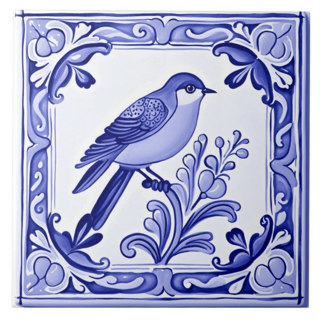 Azulejo Animal folclórico de aves azul mediterráneo (Frente)