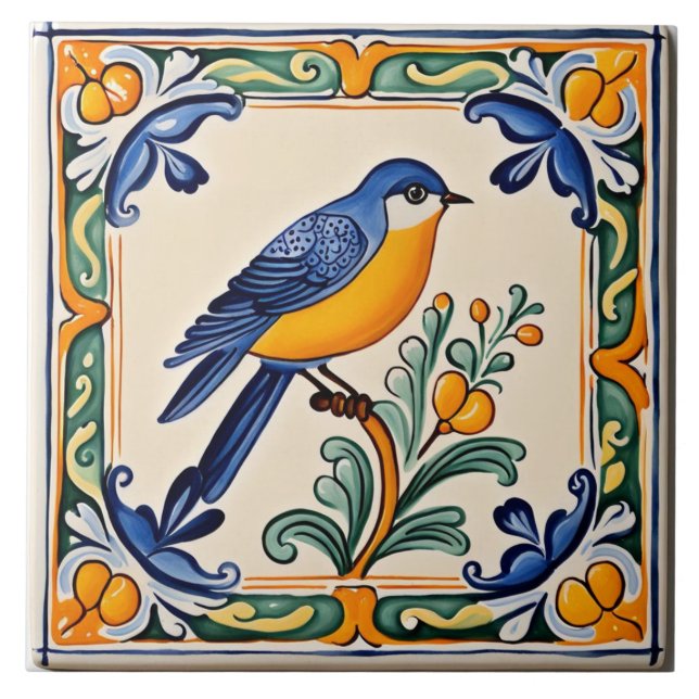 Azulejo Animal folclórico de aves azul mediterráneo (Frente)