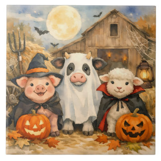 Azulejo Animales de granja de Halloween en acuarela junto