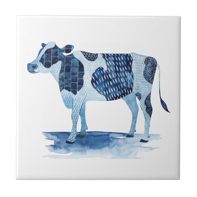 Azulejo Animales de la granja azul cobalto - vaca (Frente)