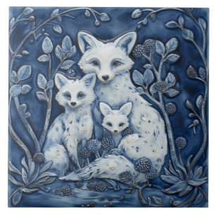 Azulejo Animales de madera de la familia Fox azul y blanca