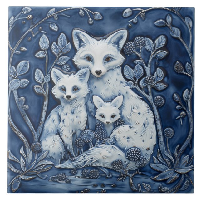 Azulejo Animales de madera de la familia Fox azul y blanca (Frente)