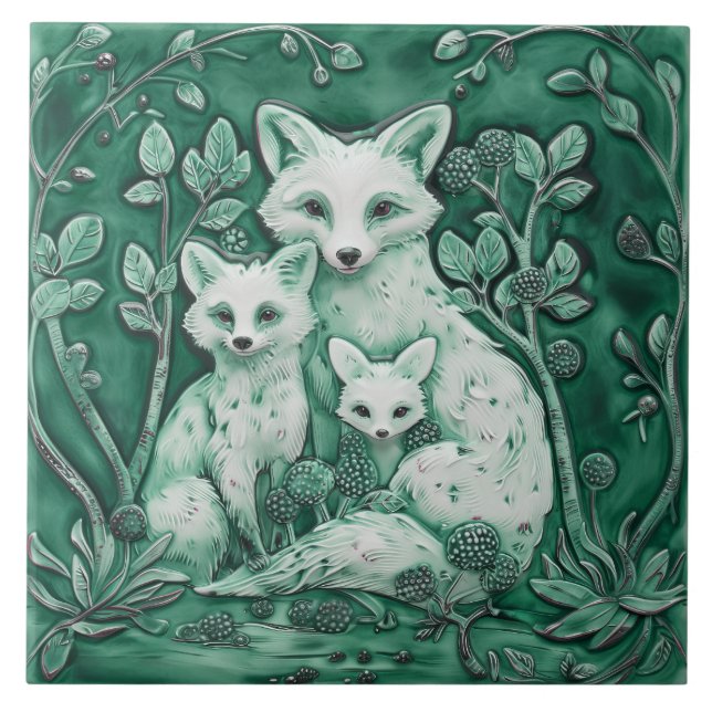 Azulejo Animales de madera de la familia Fox azul y blanca (Frente)