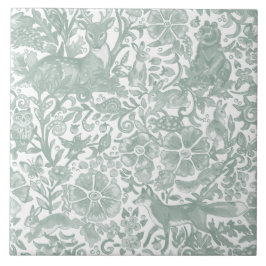 Azulejo Animales de Woodland Sage Green White Deer Fox Rab