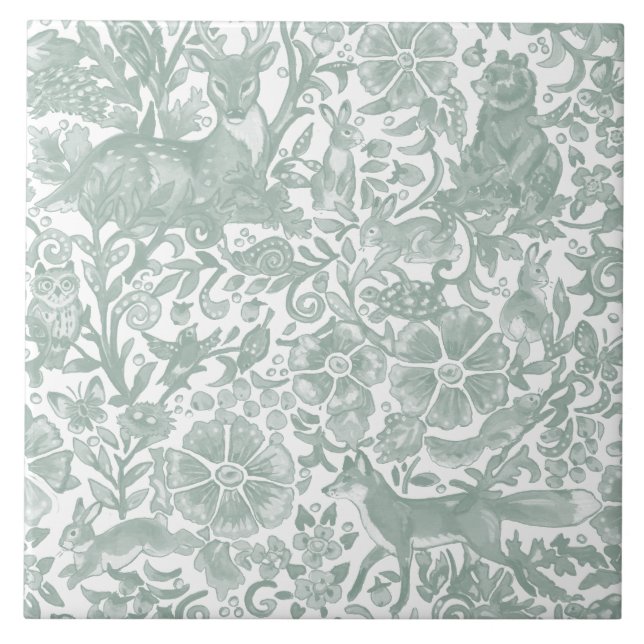 Azulejo Animales de Woodland Sage Green White Deer Fox Rab (Frente)