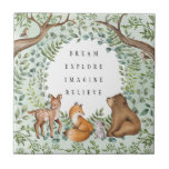 Azulejo Animales del bosque de Woodland singulares<br><div class="desc">Este adorable diseño pertenece a nuestra colección FOREST FABLE. Cuenta con nuestro original ilustracion acuático que representa a los animales de los bosques y elegantes hojas de color agua verde.</div>