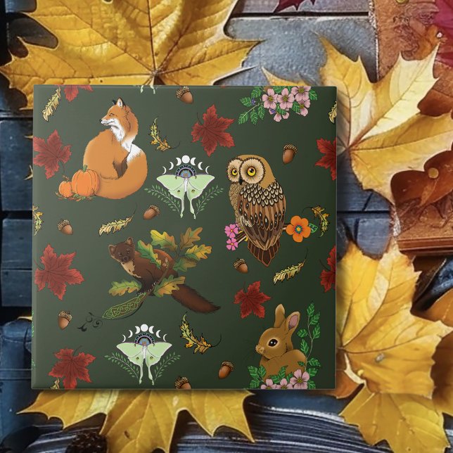 Azulejo Animales del bosque otoñal patrón verde (Subido por el creador)