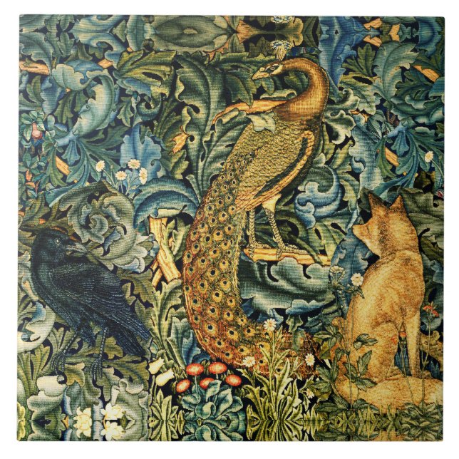 Azulejo ANIMALES FORESTALES, RAVEN, FOX, PEACOCK Blue Gree (Frente)