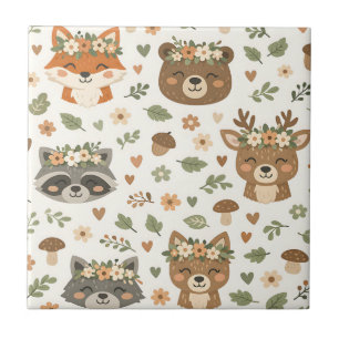 Azulejo Animales Lindos del Bosque Patrón Floral