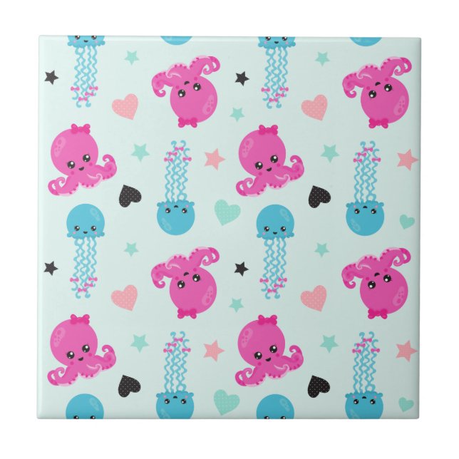 Azulejo Animales marinos, vida marina, pulpo, medusas, cor (Frente)