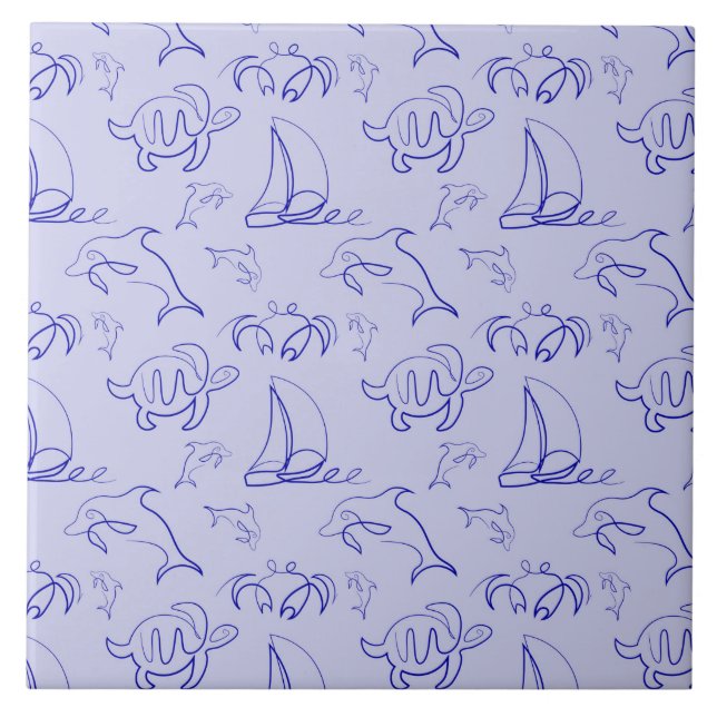 Azulejo Animales marinos y patrón de dibujo de una línea (Frente)