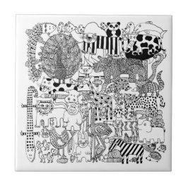 Azulejo Animales salvajes Arte dibujado a mano negra y bla