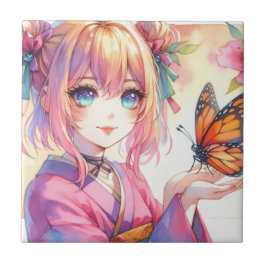 Azulejo Anime Chica sostiene una mariposa