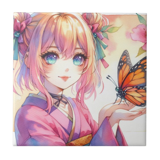 Azulejo Anime Chica sostiene una mariposa (Frente)