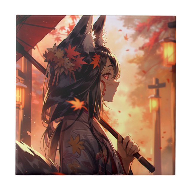 Azulejo Anime Kitsune Chica Cute Fox Fantasy Art (Frente)