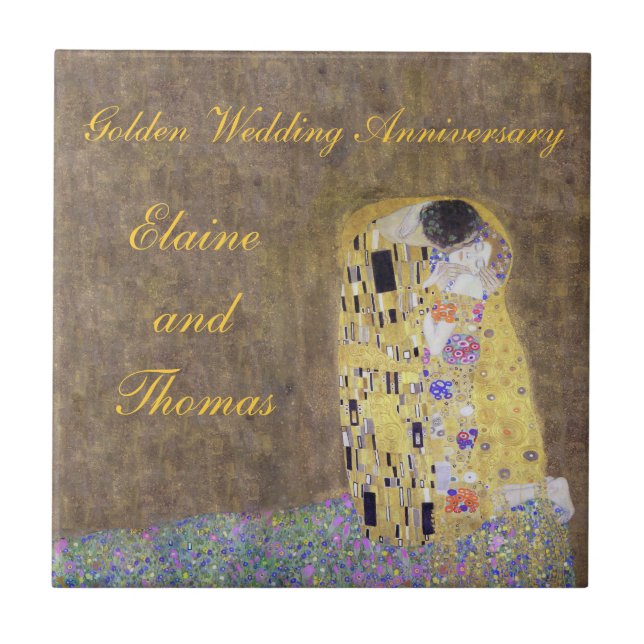Azulejo Aniversario del Boda de Oro del beso Art Nouveau (Frente)